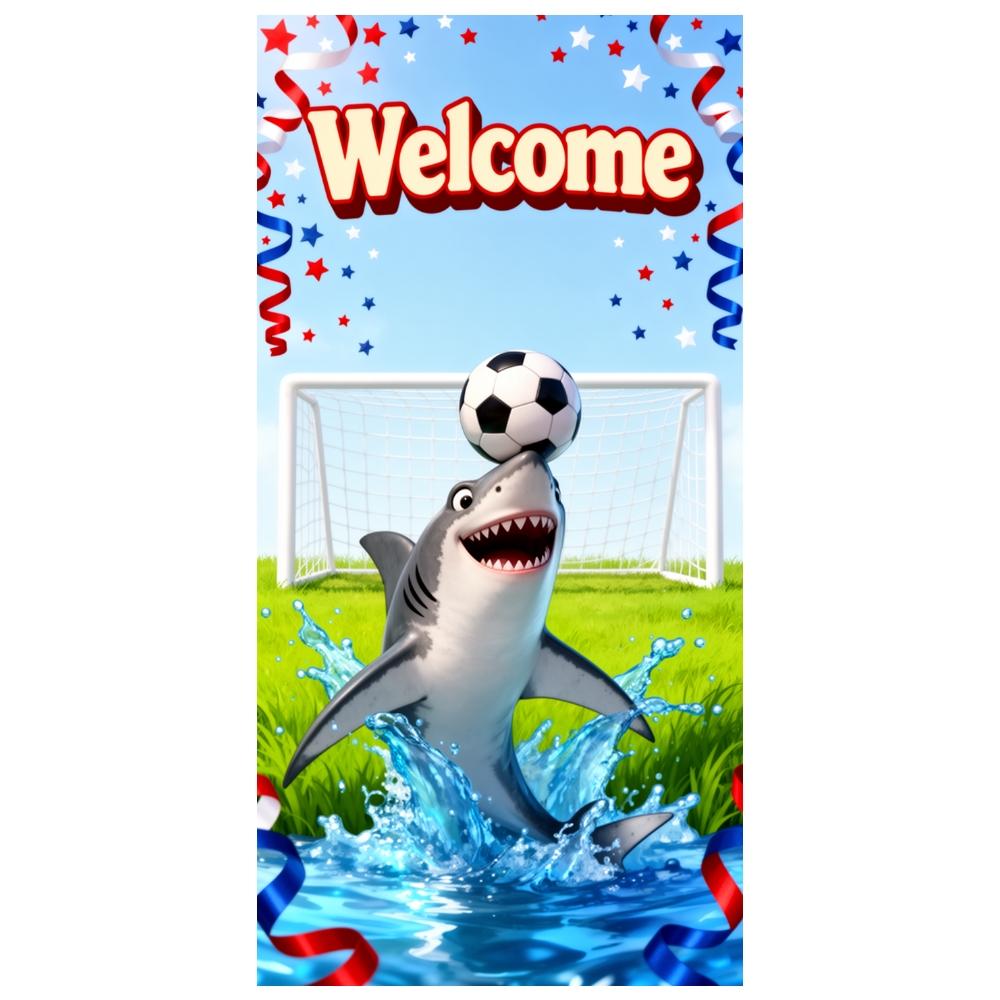 Welcome Shark Soccer Door Cover Cartoon Festive Event Banner Welcome Shark Soccer Backdrop Water Splash Effect