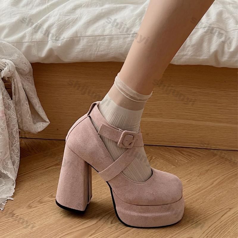 Fashion High Heels Pink Mary Jane Shoes for Women 2025 Spring New Fashion Chunky Platform Pumps Woman Non-slip Ankle Strap Party Shoes