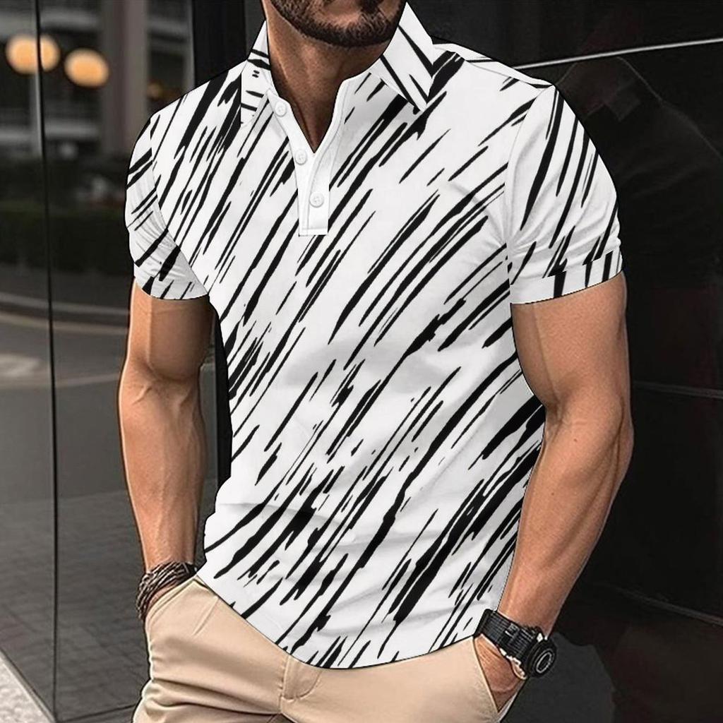 Trendy short-sleeve polo shirt with abstract line print, perfect for casual daily wear.