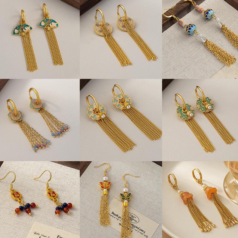 

Elegant Chinese Tassel & Pearl Earrings with Glaze Flower Design for Women