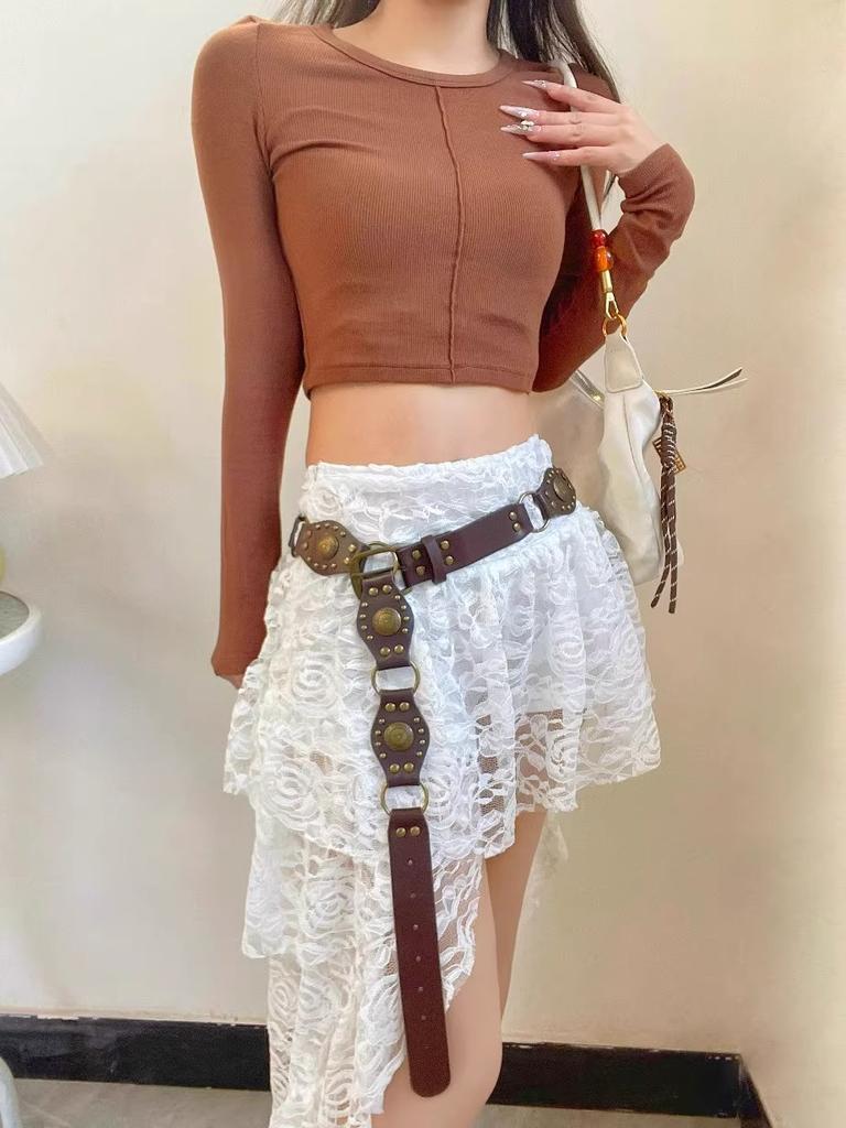 1pcs Western Cowboy Rivet Patchwork Leather Belt, Retro Design, Fashion Square Buckle Belt for Women, Suitable for Daily Wear.