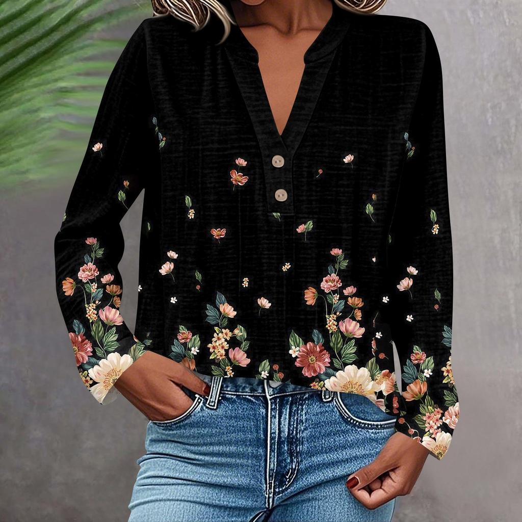Camisa de Moda y Casual para Mujer Manga Larga Cuello en V Botones Estampada Blusa Top