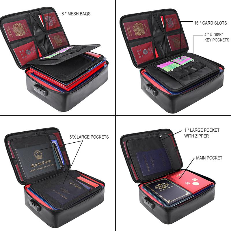 Fireproof Family Travel Passport Certificate Document Storage Organizer Bag Multi-Layer Portable File Storage with Lock