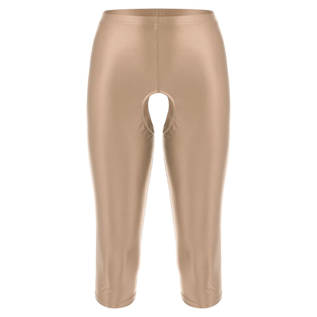 Mens Glossy Open Crotch Shorts Stretchy Elastic Waistband Slim-Fit Leggings Smooth Fabric for Gym Club Outfits