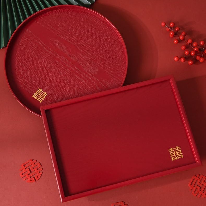 Serving Tray Chinese Wedding Candy Tray Tea Tray Toast Cup Tray Red Festive Wedding Decoration Tray Food Serving Tray(B)