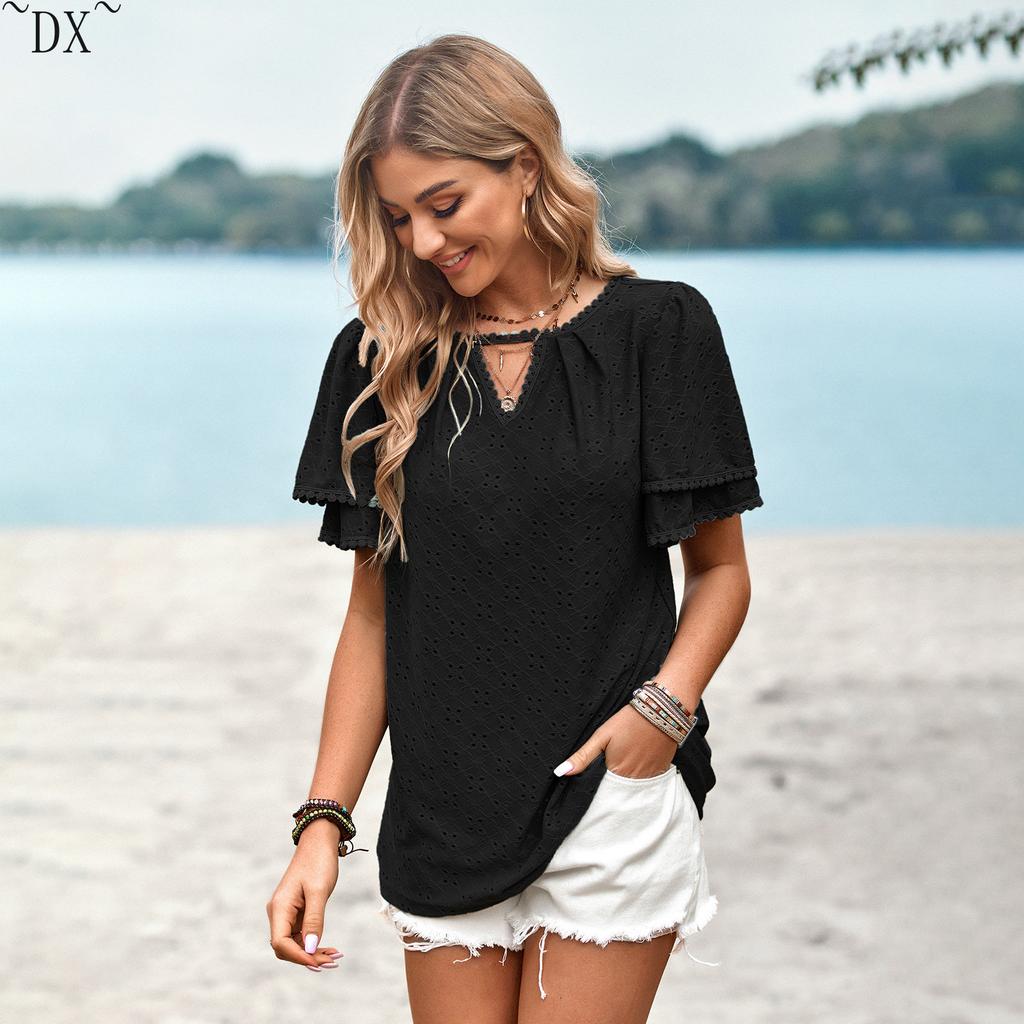 DX~~ unabhängig entwickelte und entworfene einfarbige Lochstricktops für lässige Damen für Frühling und Sommer;s tragen.