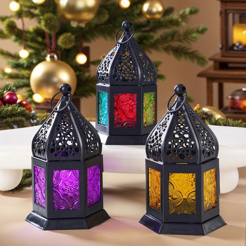 1 Pieza Candelabro Decorativo de Hierro Forjado Retro Europeo de Seis Caras con Vidrio de Color, Candelabro Colgante de Hierro Forjado a Prueba de Viento