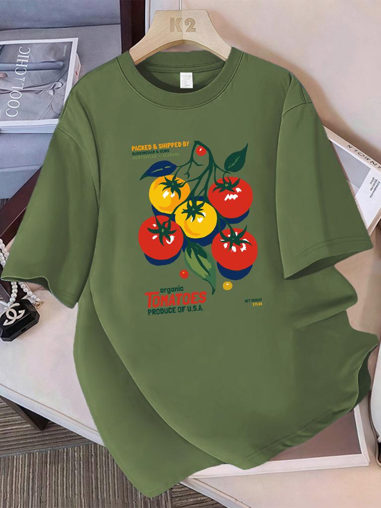 Summer Cotton T-Shirts Women Organic Tomatoes Produce Of Usa Prints Short Sleeve O-Neck Comfortable Loose Tops Casual Clothes