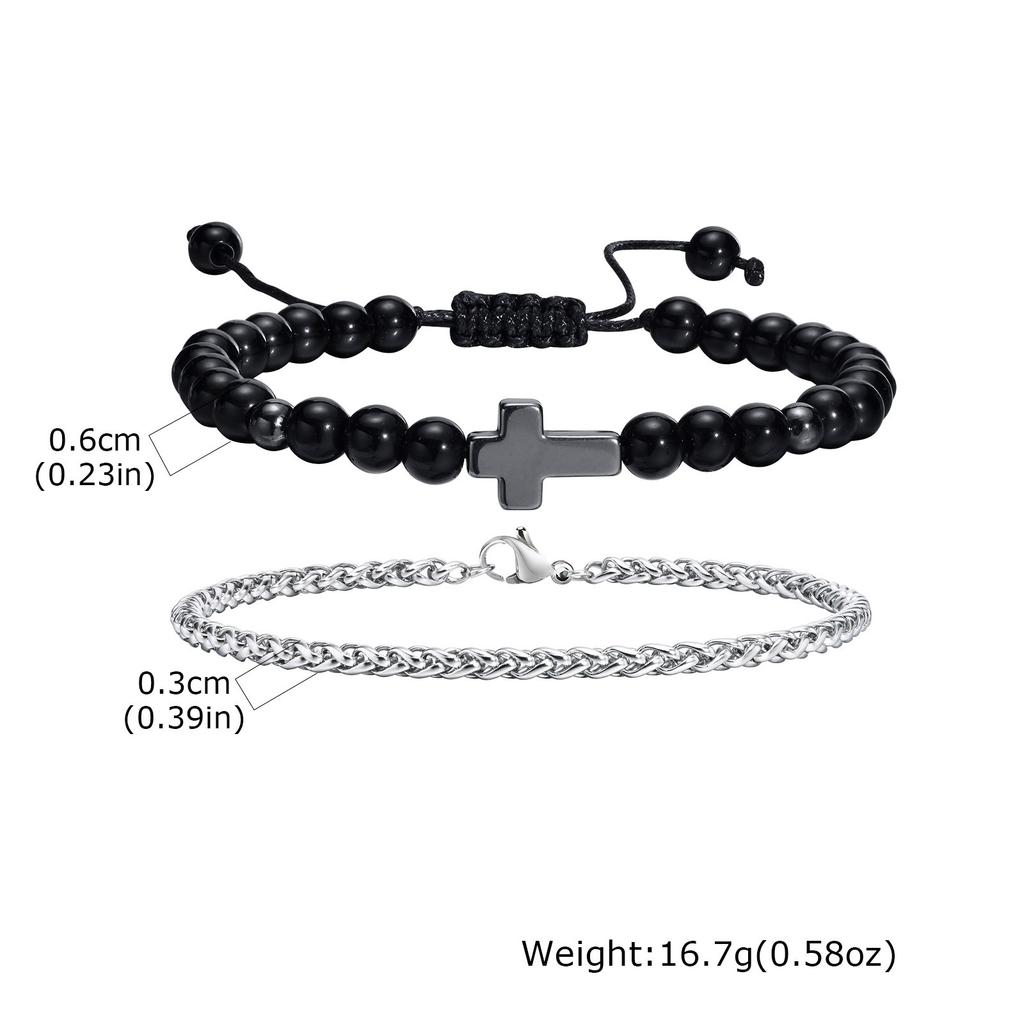 Vnox Men's Stainless Steel Cross Charm Bracelet, Adjustable Black Agate Bead Wristband, Birthday Party Jewelry Gift for Him