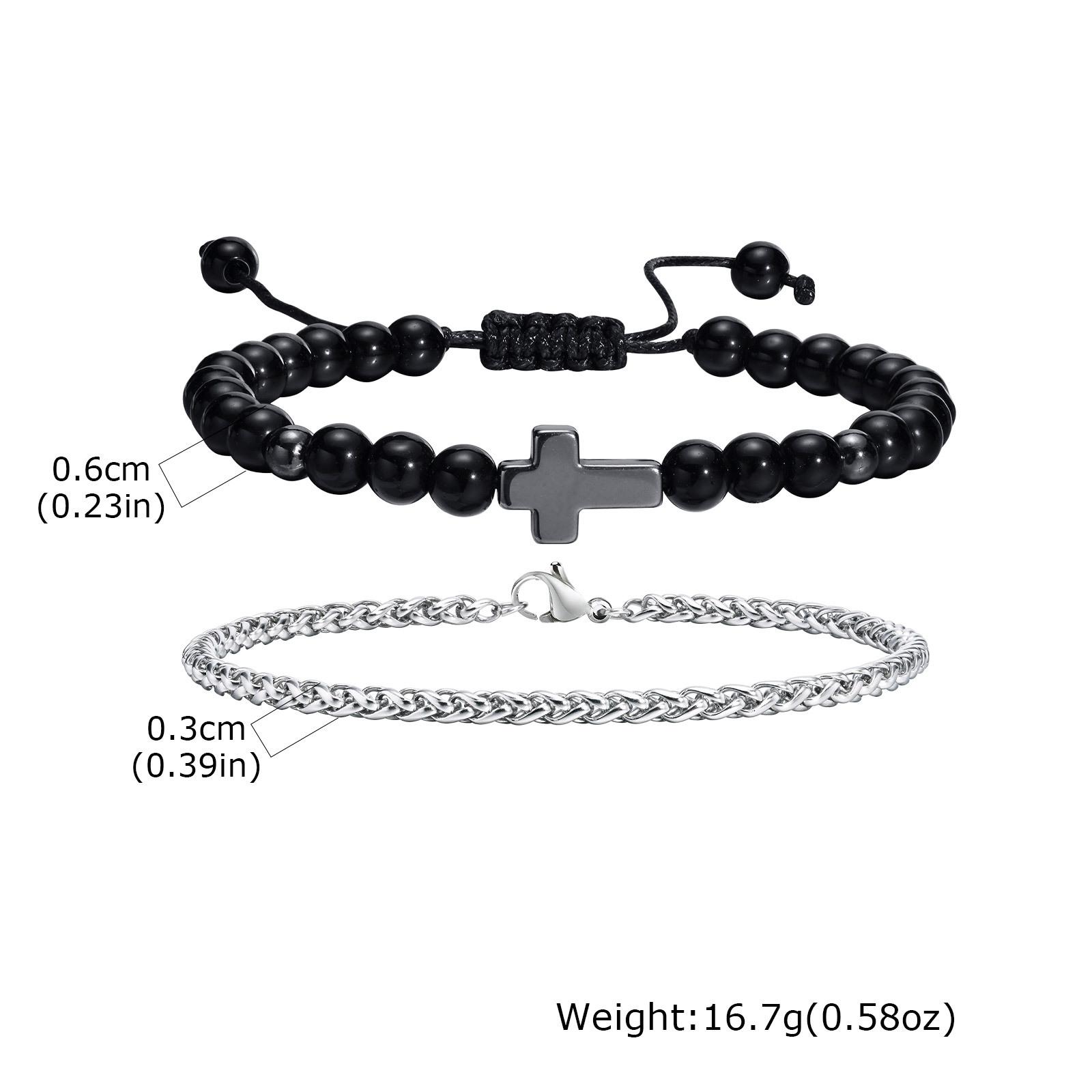 Vnox Men s Stainless Steel Cross Charm Bracelet, Adjustable Black Agate Bead Wristband, Birthday Party Jewelry Gift for Him