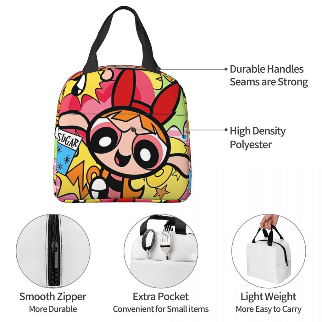 P-PowerPuffs GIRLS Insulated Lunch Bag Cartoon Anime Storage Food Box Portable Thermal Cooler Bento Box For Picnic
