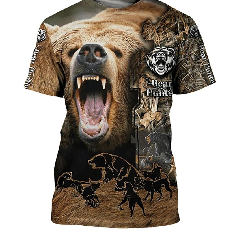 Pánské outdoorové lovecké tričko s 3D potiskem zvířete medvěda, ležérní streetwearové tričko s O-výstřihem a nadměrnou velikostí