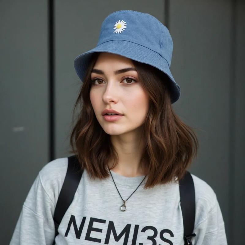 Korean New Ins Daisy Embroidery Bucket Hats Women Men Panama  Summer Sun Hat Fashion Flower Bob Washed Denim Basin Cap