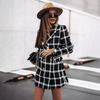 Winter Autumn Lady Coat Turn-down Collar Plaid Print Double-breasted Long Sleeves Thick Mid