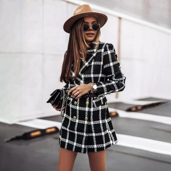 Winter Autumn Lady Coat Turn-down Collar Plaid Print Double-breasted Long Sleeves Thick Mid