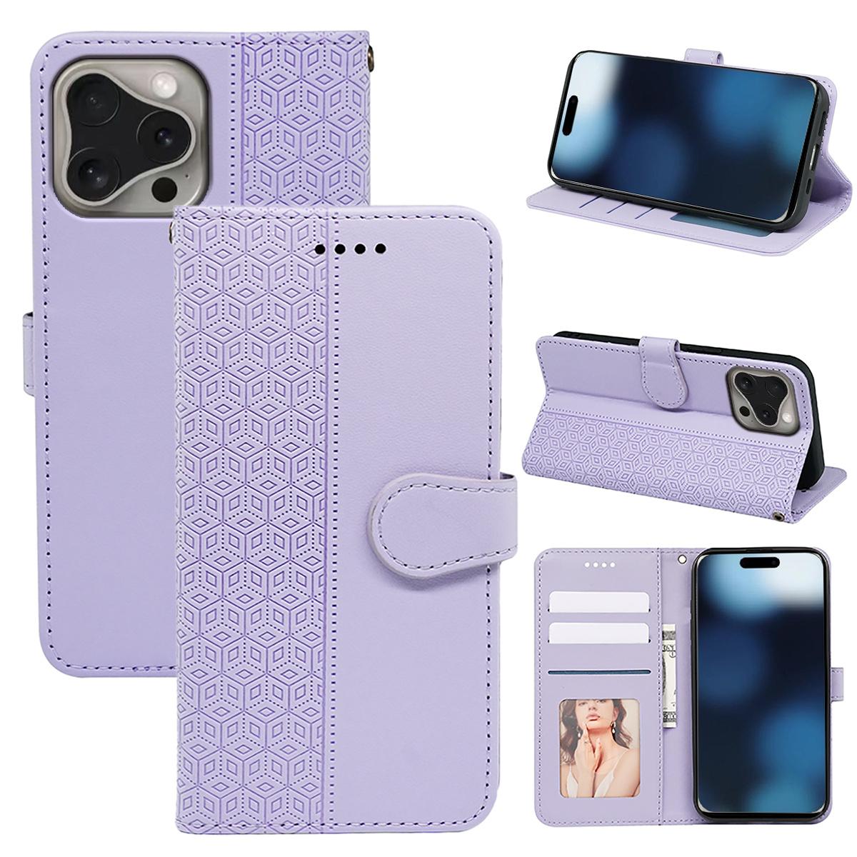 

Чохол для iPhone 16 Pro Max Шкіряний чохол для телефону з тисненням у вигляді кубічної сітки з гаманцем Purple