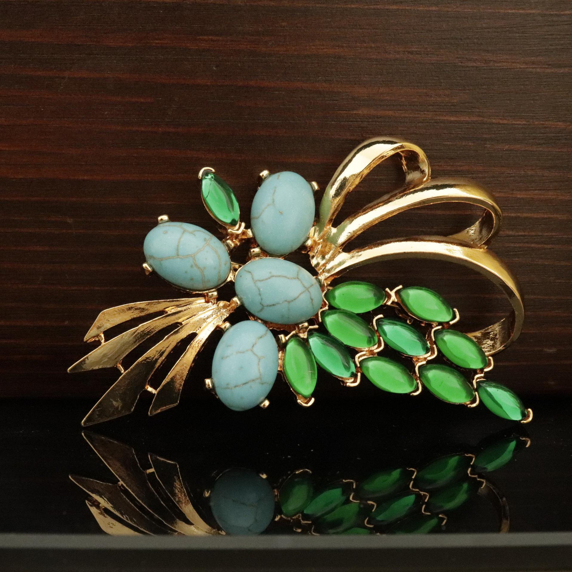 Elegant French Style Turquoise Grape Brooch with Gold Electroplating and Glass Accents