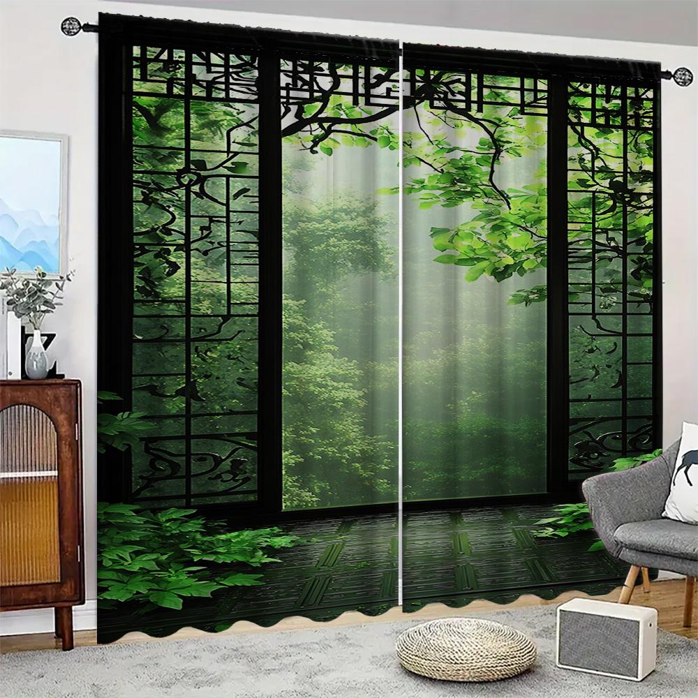 2PC Home Window bamboo forest Curtains With Landscape Background And Pole Pocket Curtains, Kitchen, Coffee Shop, Living Room, Ba