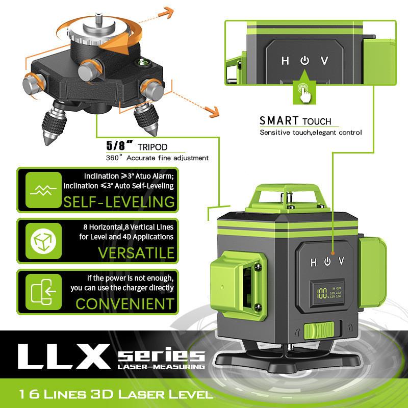 4D 12/16 Line 360° Portable Self-Leveling Spirit Level Horizontal and Vertical Cross Laser Projector New Green Light Laser Level