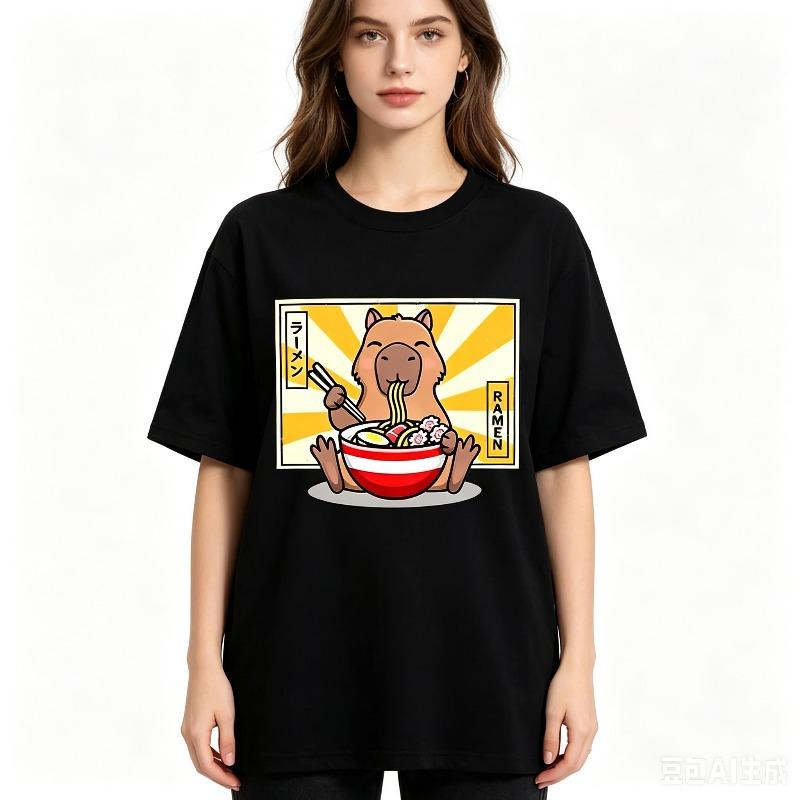 Unisex Cute Capybara Eating Raunisex Cartoon Graphic Tshirt Casual Loose Short Sleeve Summer Tee White Black Streetwear Tops