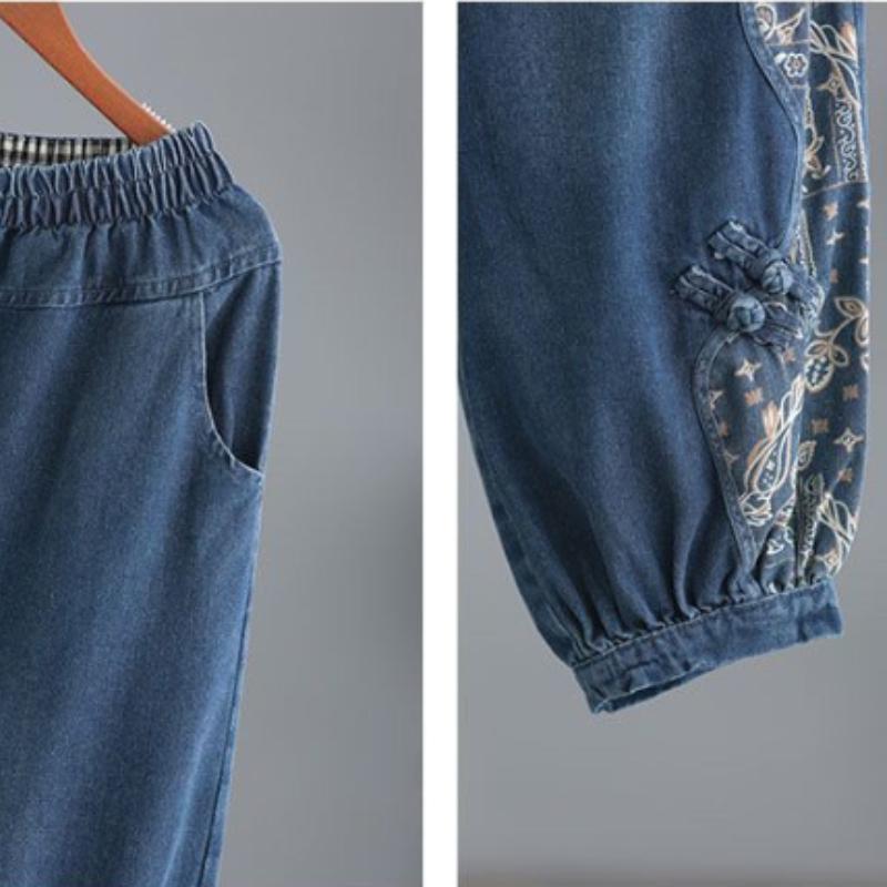 Ensemble Denim Grande Taille à Col Montant, Splicing Style Ethnique Femme, Ensemble Jean Deux Pièces Boucle Ample et Tendance