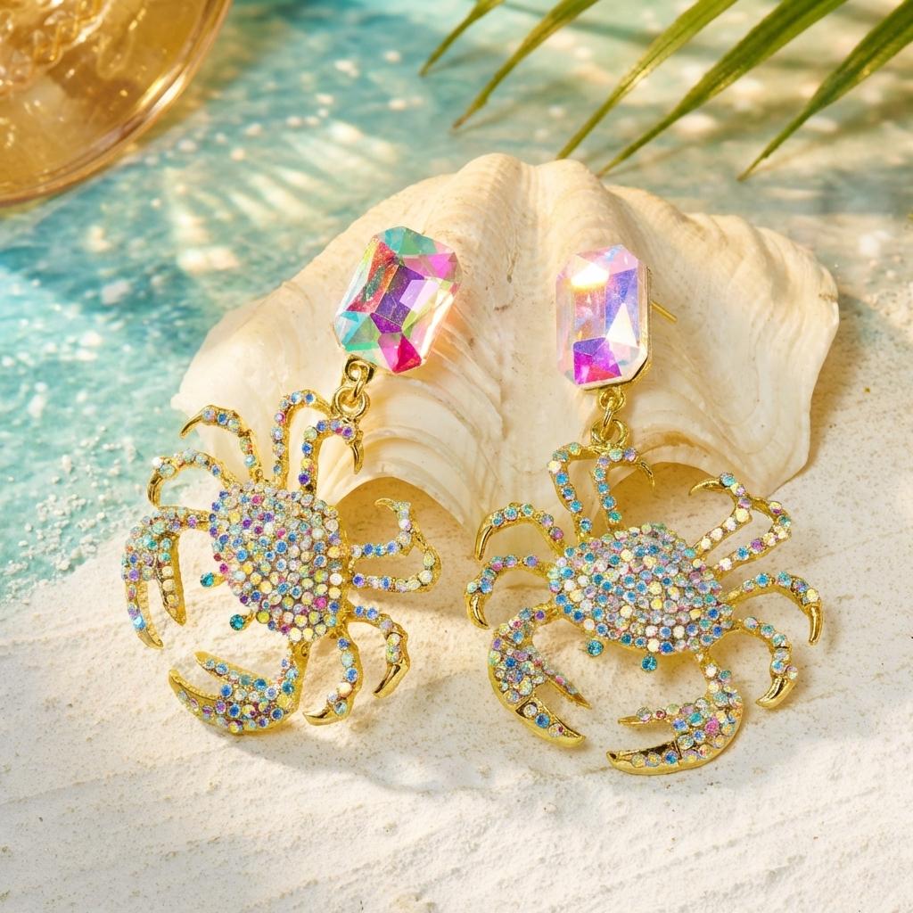 Light Luxury Full Rhinestone Crab Pendant Earrings for Women Exaggerated Sea Animal Earrings Summer Vacation Beach Jewelry