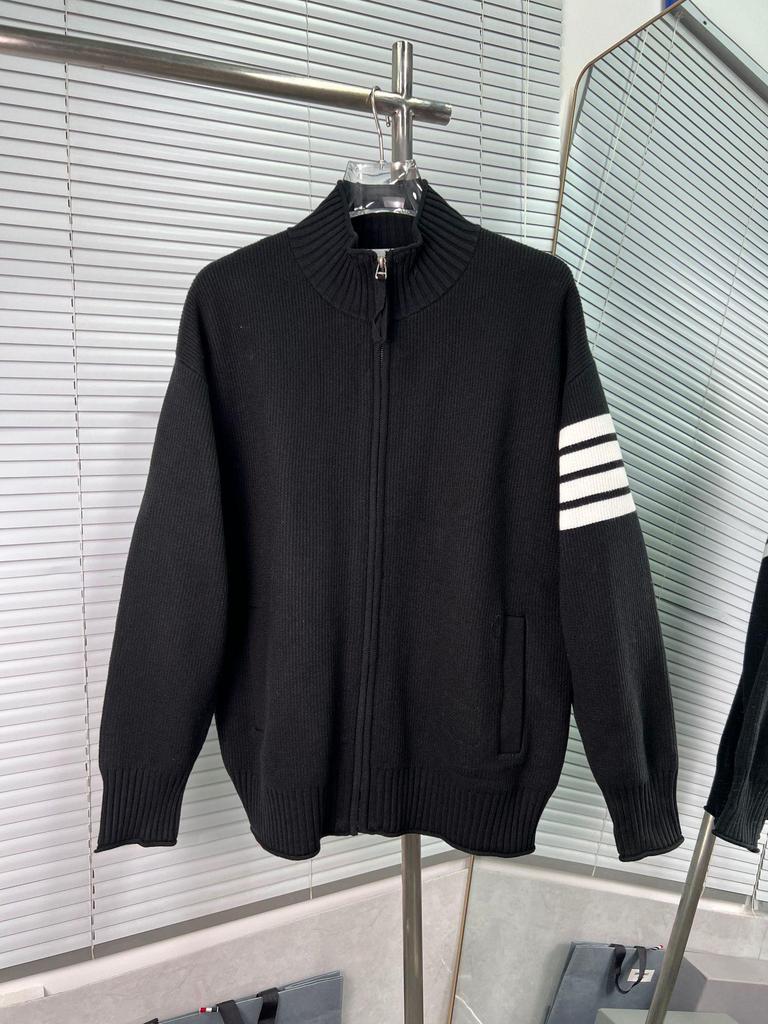 High-Quality Unisex Ribbed Stripe Stand Collar Sweater Jacket, Long-Sleeve, Four-Bar, Spring/Autumn.
