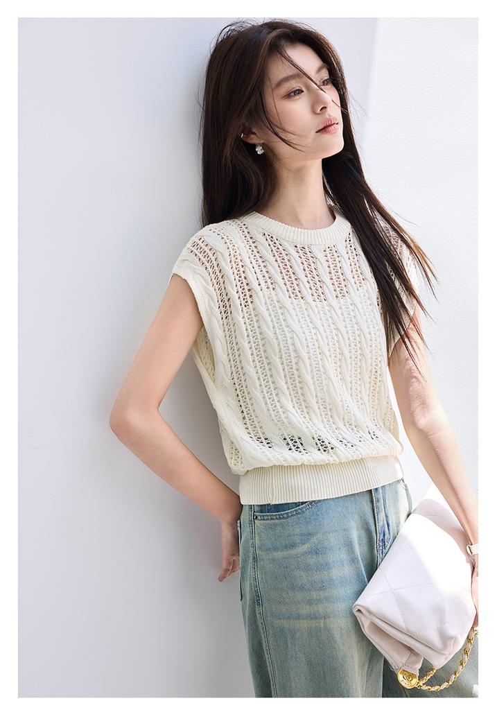 Summer [Light Gap Pleats] Hollow out Fried Dough Twists Knit Shirt Round Neck Sleeveless Blouse with Three Dimensional Texture Overlay