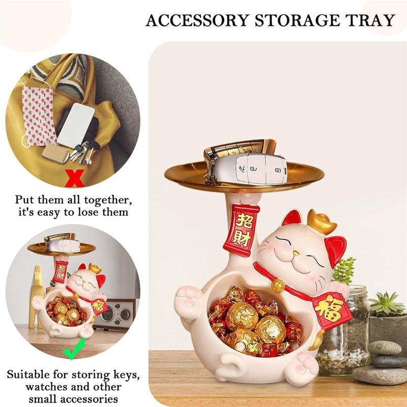 M-Modern-Fortune Cat Statue, Creatives Cute Fortune Cat Tray, Resin Fortune Cat Statue With Dish, Fortune Cat Key Storage Tray D