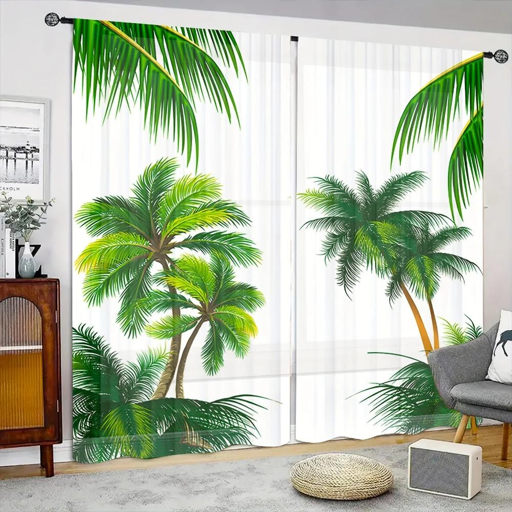 Semi 2pcs Transparent Decor Curtain Green Eucalyptus Leaves Green Plants Spring Polyester Fibers Rod Pocket Curtain For BedroomR Decor