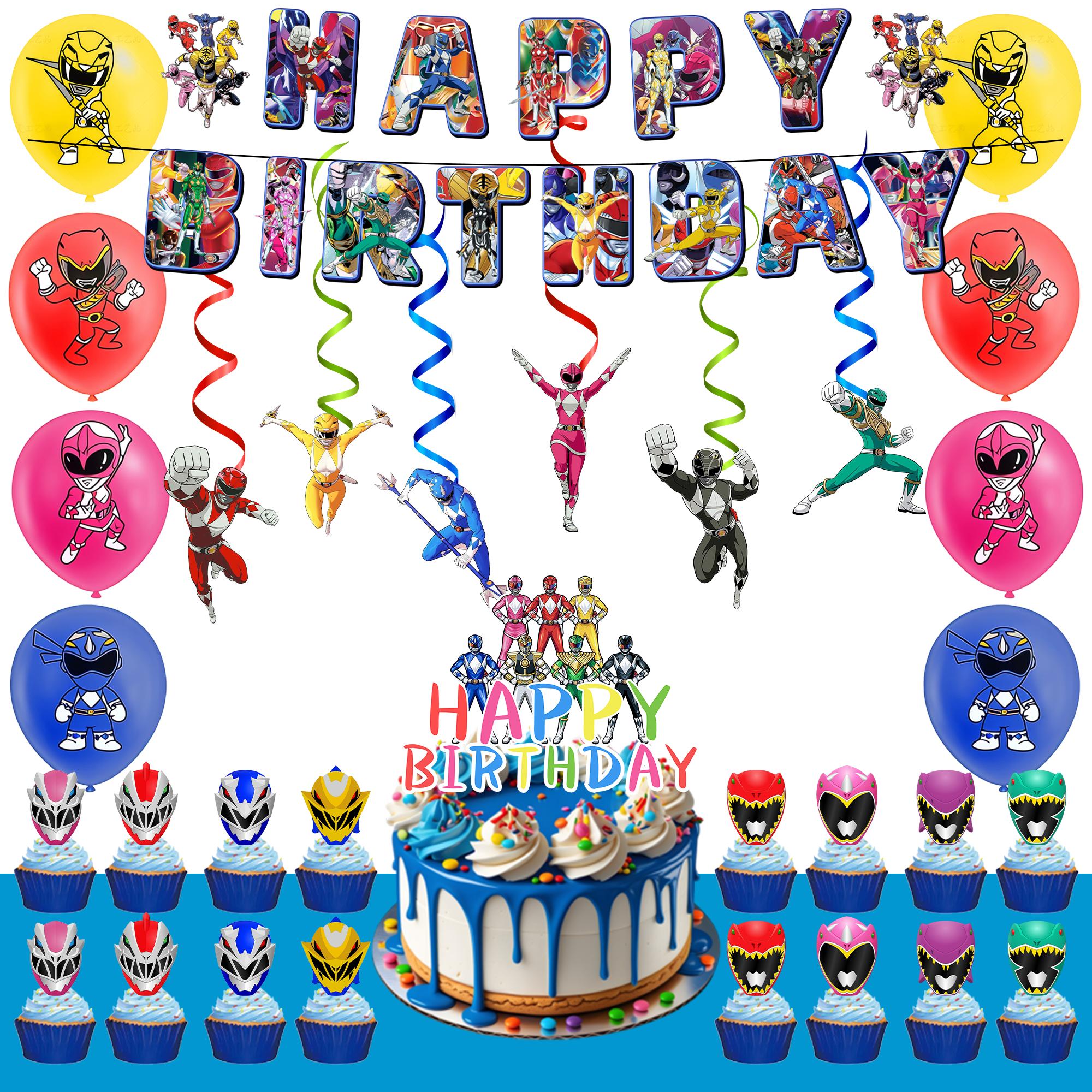 33 Pcs Power Rangers Birthday Party Decorations Set-Power Rangers Party Banner Tablecloth Balloons Cake Toppers Spirals etc Power Rangers Party Suppli