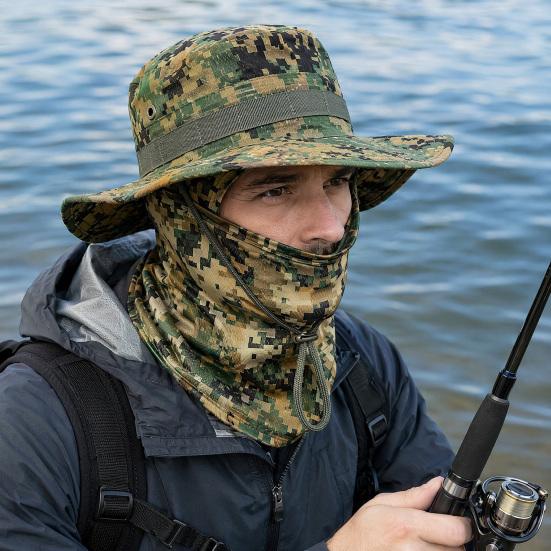 Camouflage Sonnenhut mit Sturmhaube Gesichtsmaske, UV-Schutz Herren Hut mit breiter Krempe, Atmungsaktiver Fischerhut für Outdoor Angeln Wandern Radfahren