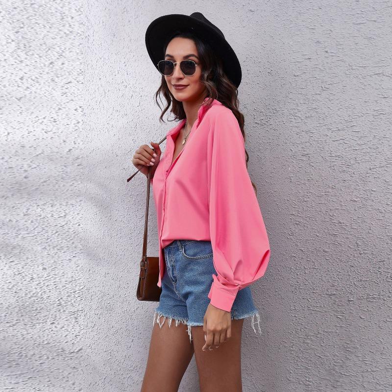 Spring Stand Up Collar Lantern Sleeve Shirt Women's Solid Color Long Sleeved Shirt Chiffon Shirt Blouses & Shirts