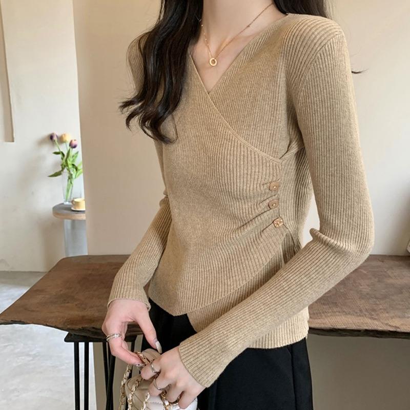 

Хаки короткая вязаная базовая рубашка женская осенняя популярная модель свитер облегающий топ с длинным рукавом One size fits all [recommended 80-60kg] хаки