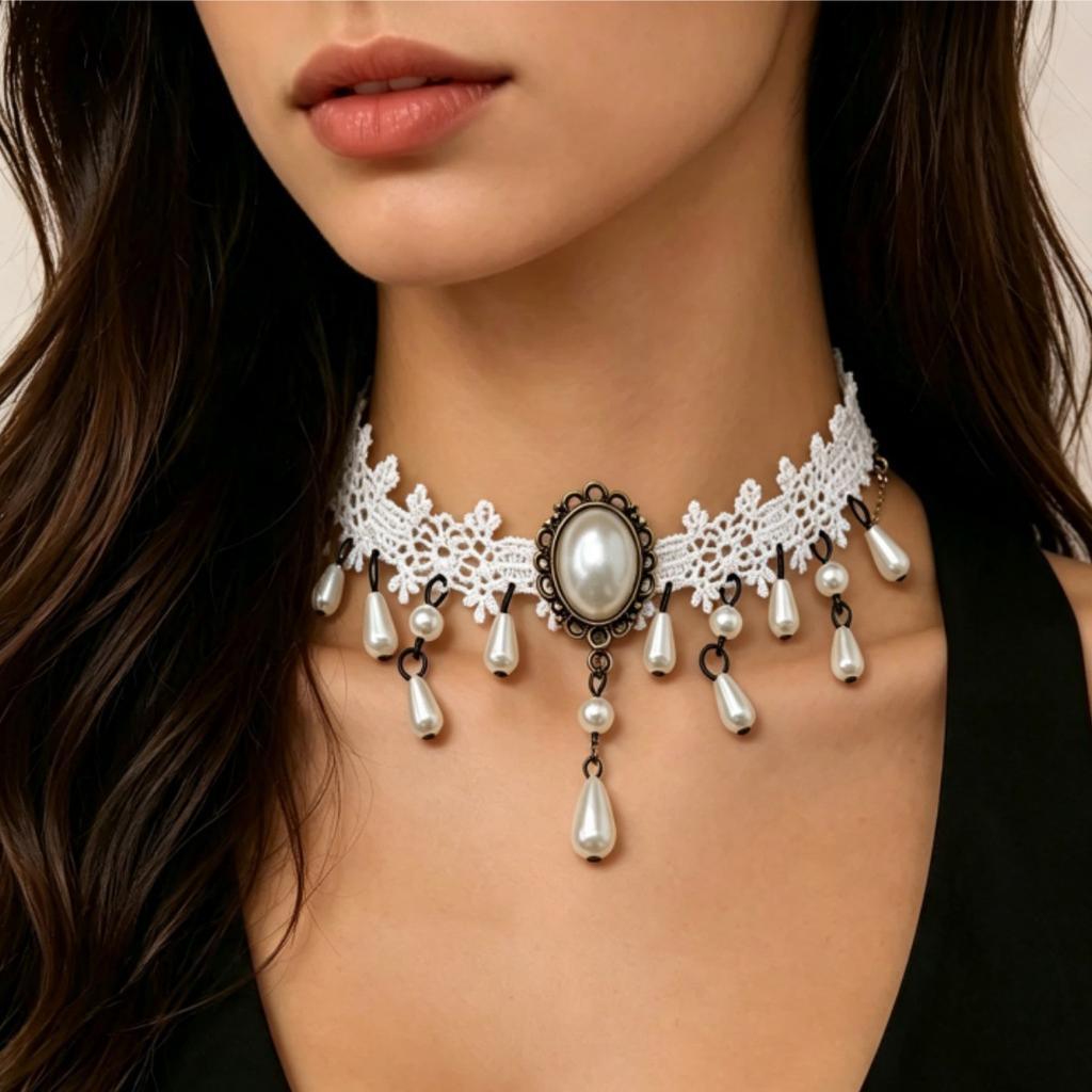 European and American Jewelry White Neck Chain Lace Collarbone Chain Light Luxury High Sense Hollow Fringed Pearl Necklace Women