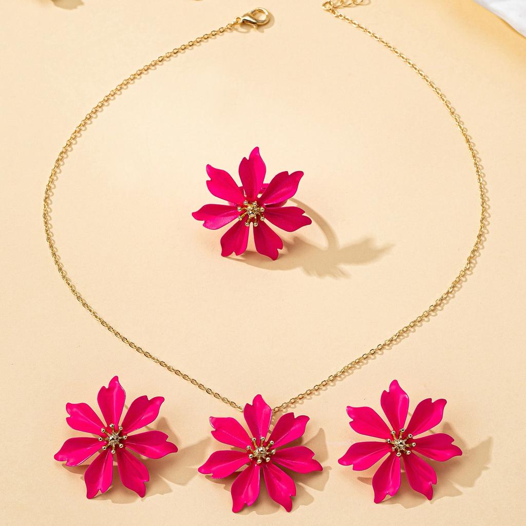 A Set of Women's Jewelry: Dopamine-Colored Three-Dimensional Flower Earrings, Necklace, and Ring Set, Suitable for Daily Wear and Vacation