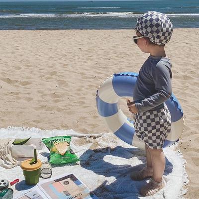 Boys' Plaid Split Long-Sleeve Sunscreen Swimsuit & Trunks Set