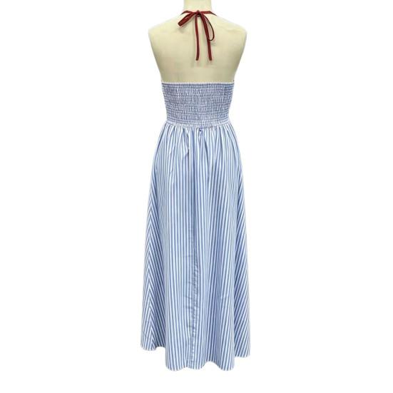 Women's Halter Striped Maxi Dress Sleeveless Deep V Neck A Line Sundress Summer A-Line Beach Vacation Dress