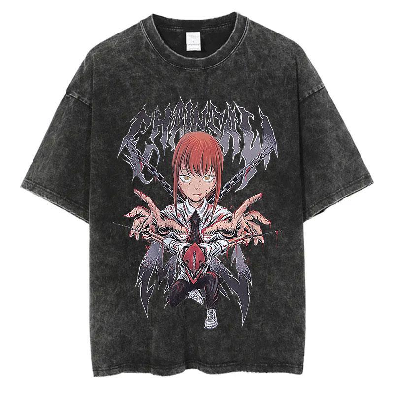 Vintage Vasket T-skjorte Chainsaw Man Anime T-skjorte for Menn Harajuku Oversize Tee Bomull Mote Streetwear Unisex Topper