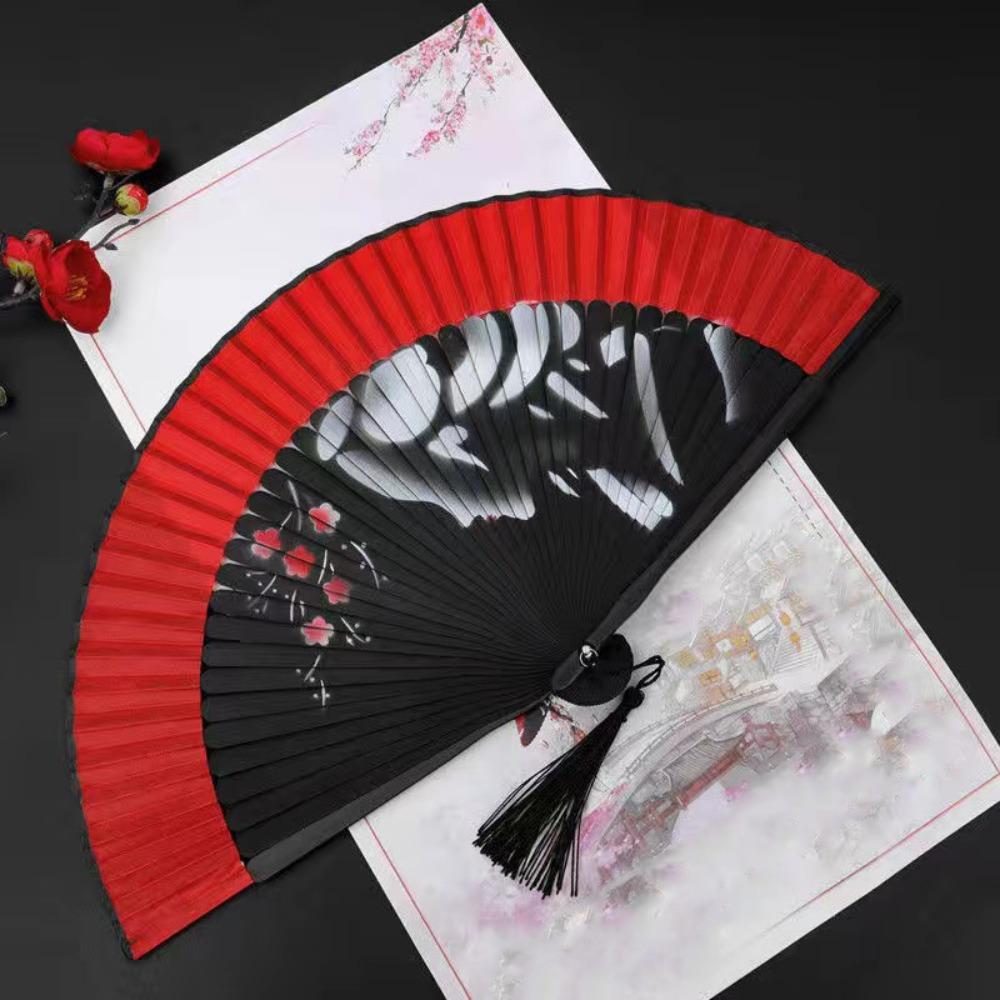 Chinese Style Tassel Folding Fan Exquisite Kimono Fan Blossom Printing Folded Fan Home Decoration