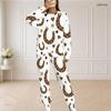Women Plus Size White Printed Round Neck Long Sleeve Top And Long Pants Two Piece Set