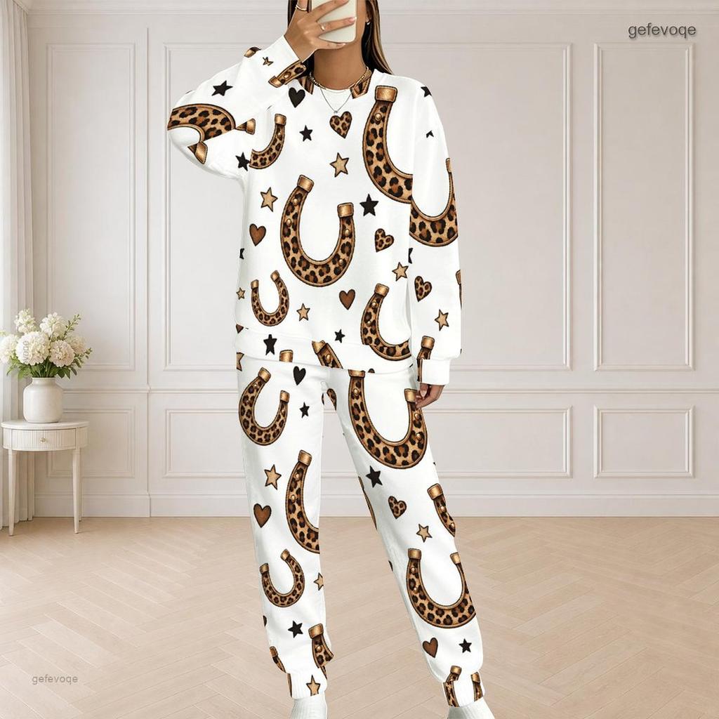 Women Plus Size White Printed Round Neck Long Sleeve Top And Long Pants Two Piece Set