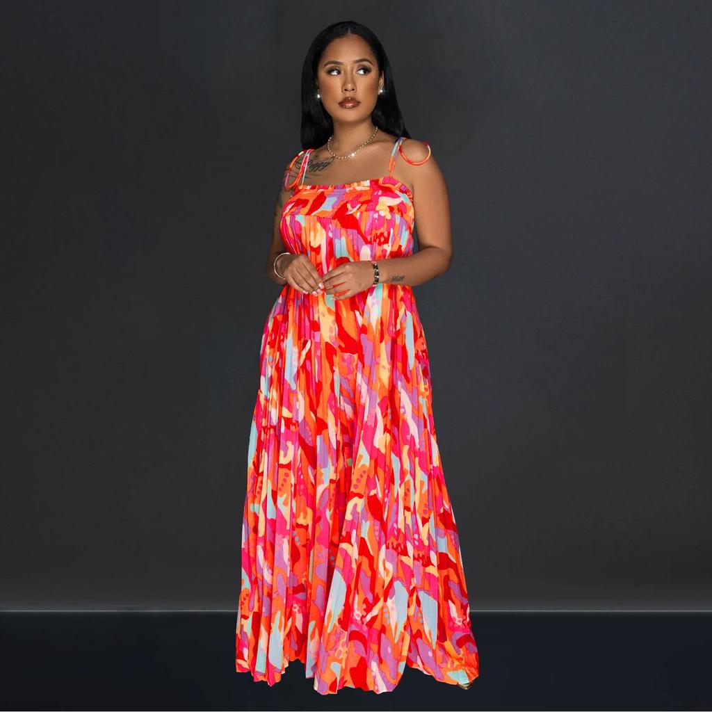 Women's Fashion Sexy Printed Strappy Pleated Wide-Leg Jumpsuit