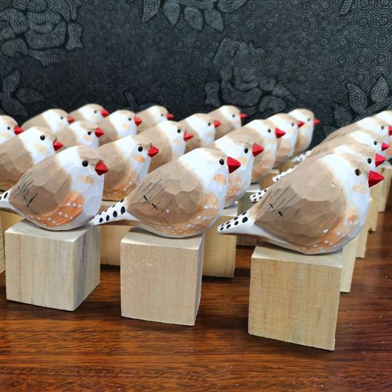 Hand-Carved Painted Wooden Bird Figurine Rustic Small Zebra Finch Statue Sculpture Ornament Decoration for Home Office Living Room