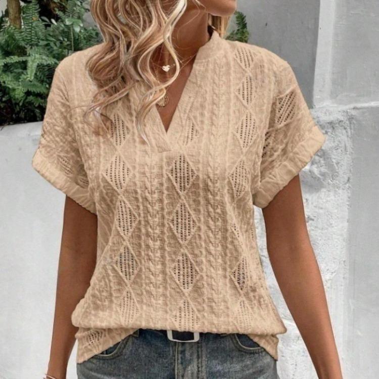Summer V Neck Loose Women Shirt Casual Short Sleeve Hollow Jacquard Top