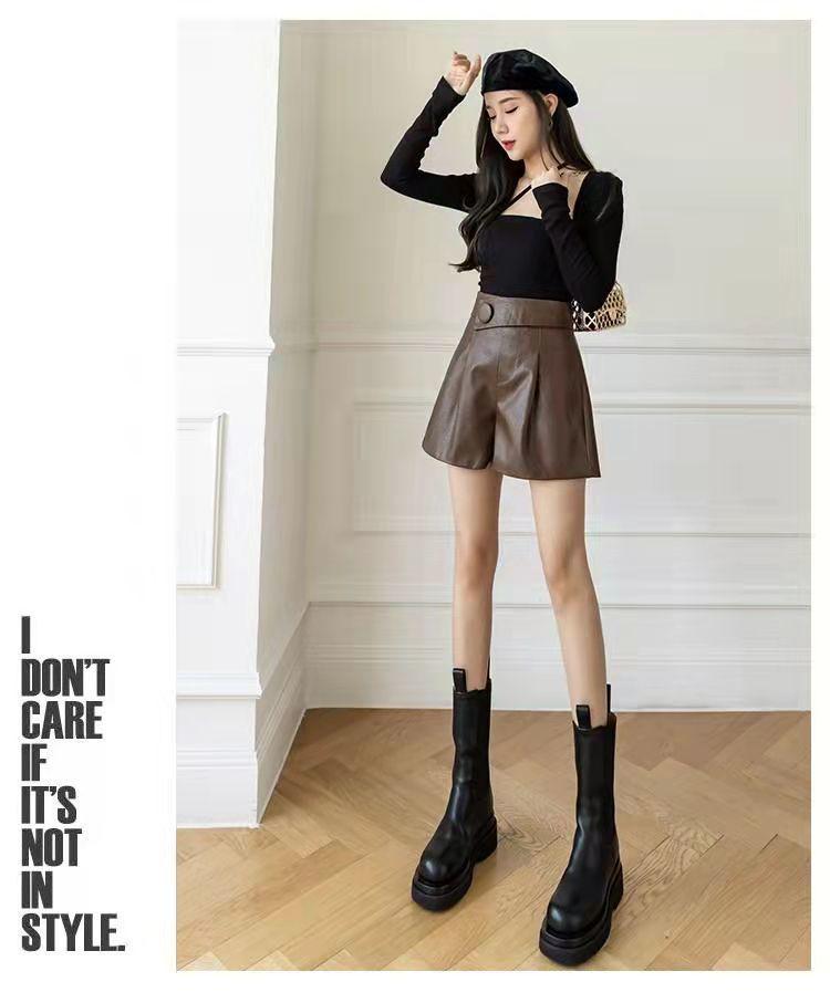 Korean PU Leather High-Waisted Wide-Leg A-Line Bootcut Shorts - Women's Versatile Autumn/Winter Casual Outerwear.