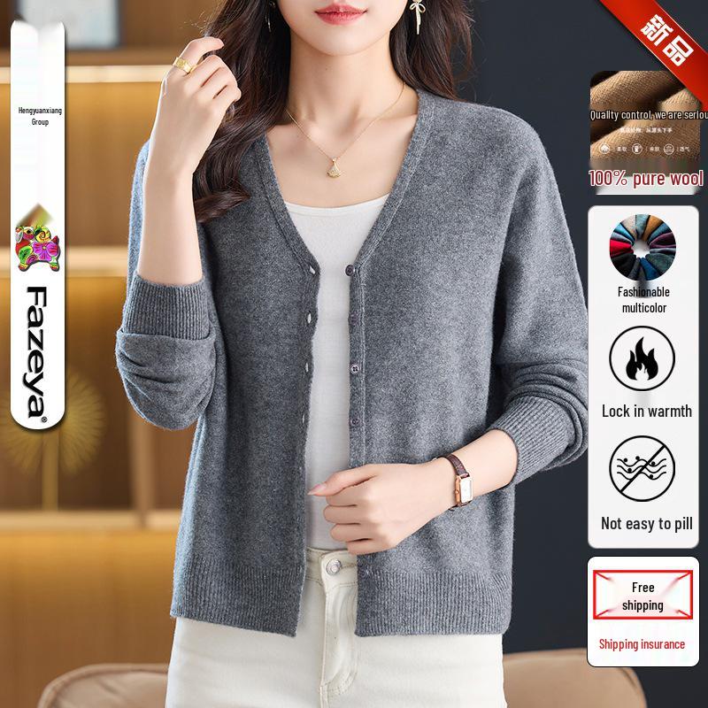 Women's V-Neck Pure Wool Cardigan Sweater - Solid Color, Long Sleeve, Trendy Casual Outerwear.