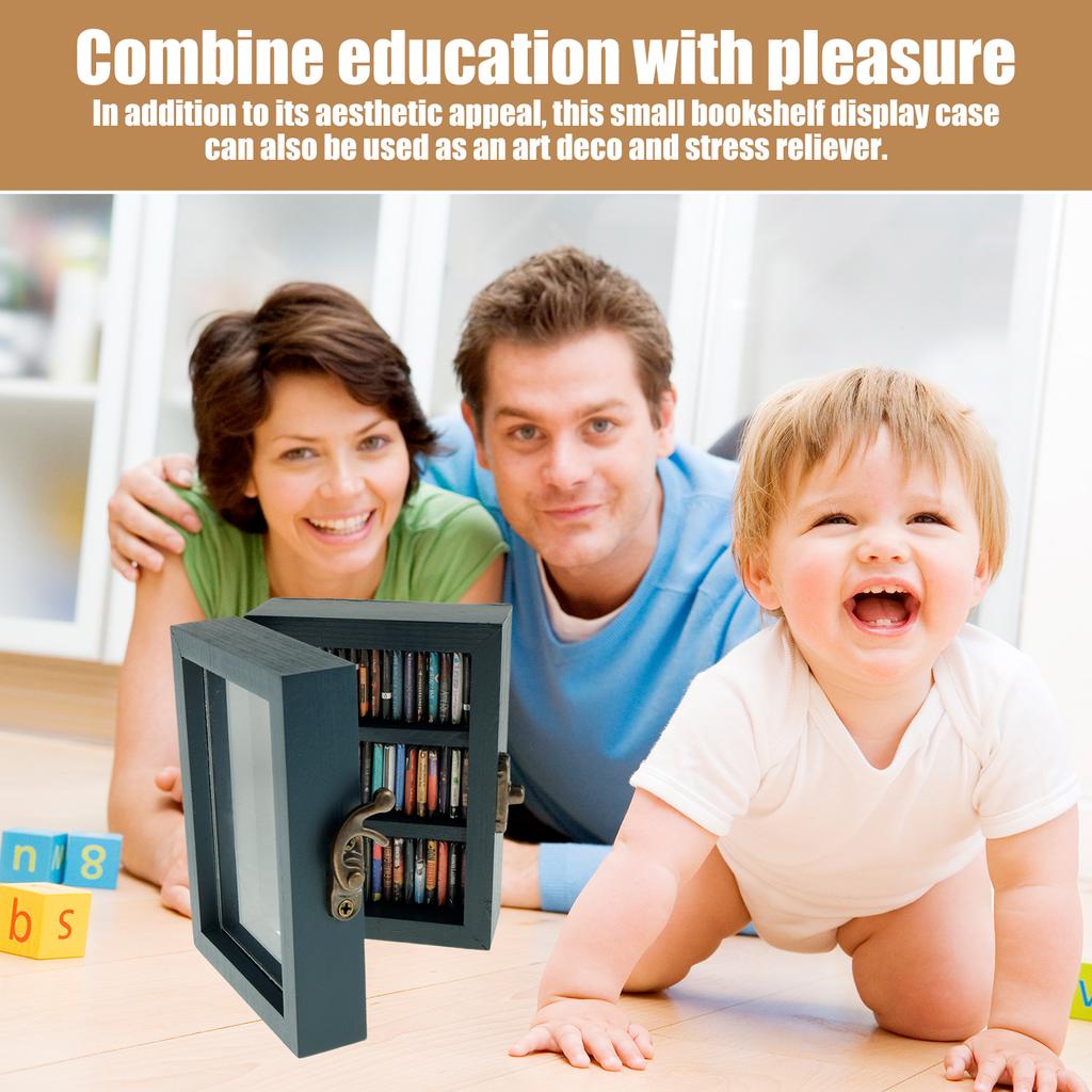 Mini Anxiety Bookshelf, Wood Shake Bookshelf Shake Miniature Book Library with 60Pcs Miniature Books Stress Reliever Bookshelf