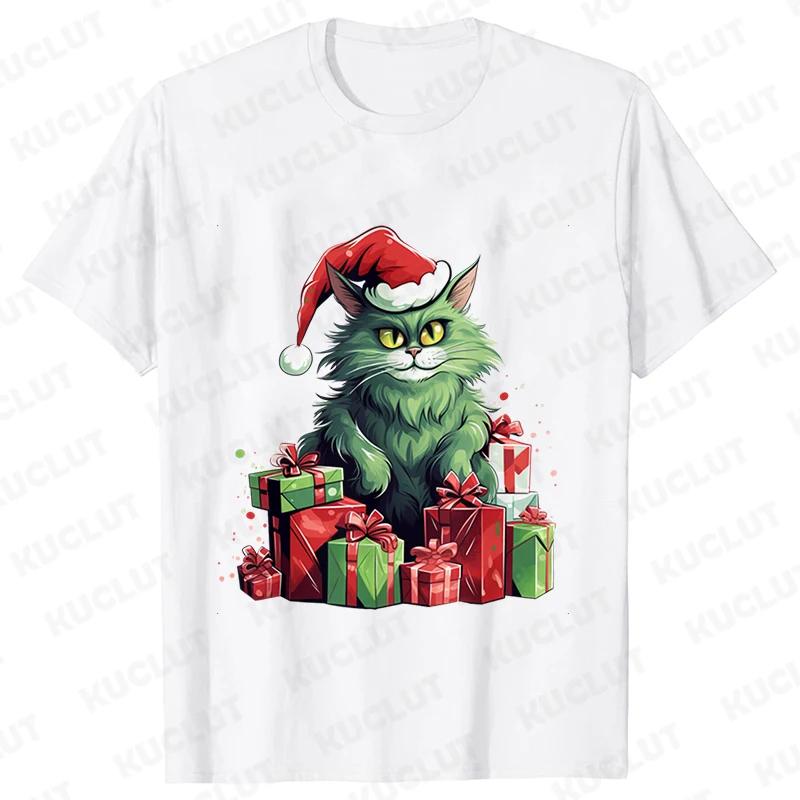 New Year Short Sleeve Tshirt Cute Cat Print Tops Fashion Xmas Unisex Tees Shirt Trend Graphic Christmas Male Oversized Clothing