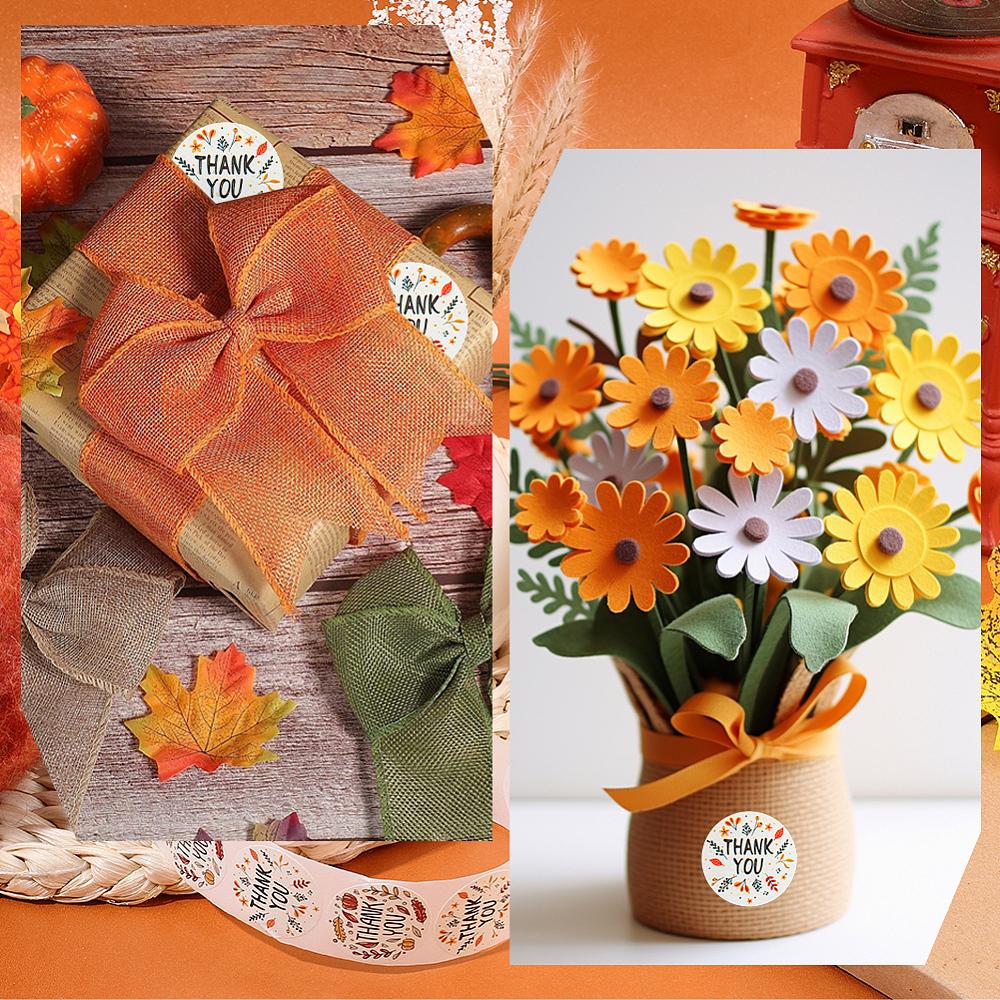 1 Roll Autumn Stickers Roll Round Paper with Thank You Stickers Adhesive Labels Decorative Sealing Stickers for Gifts Party Chocolate 25mm 500pcs/roll